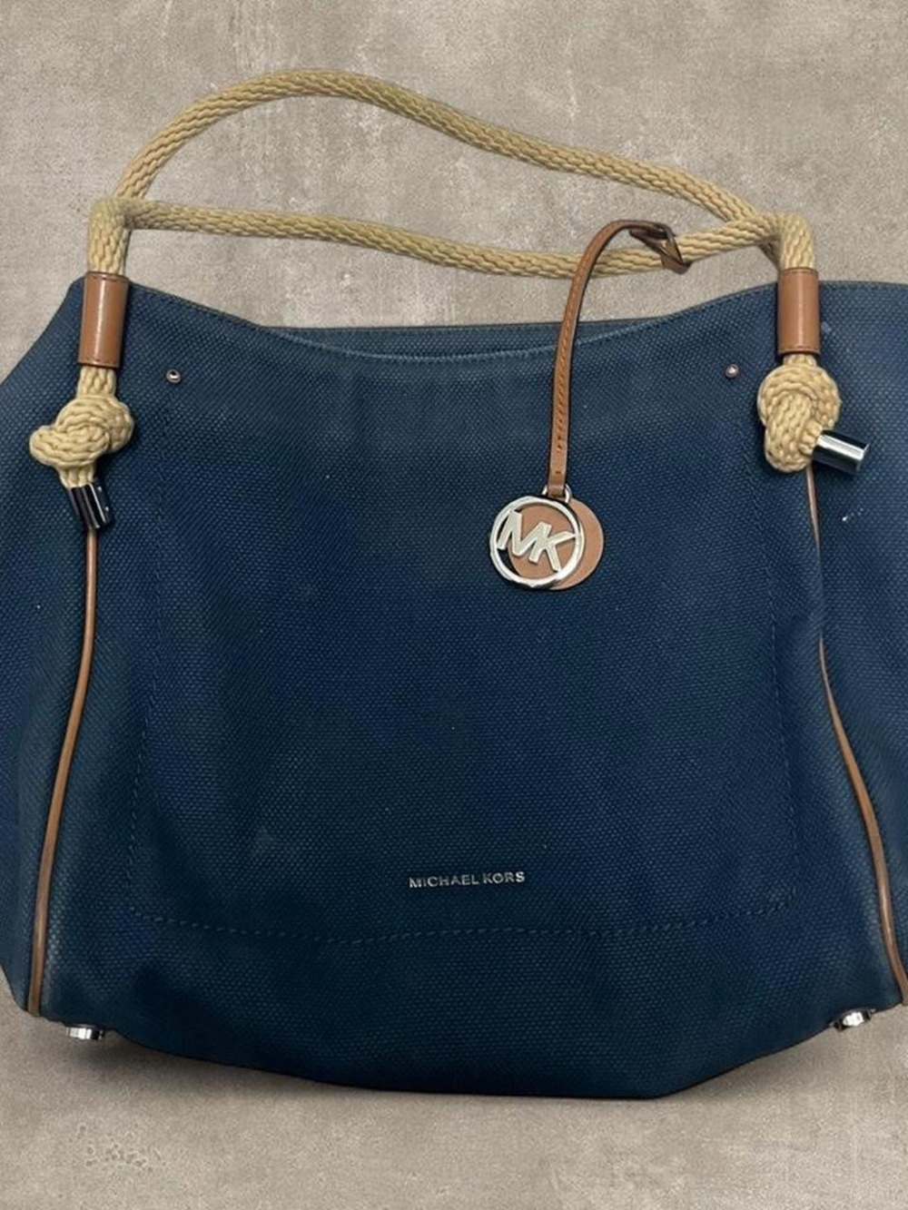 Michael Kors Canvas Tote Bag Navy Rope Handle Large Shoulder Bag